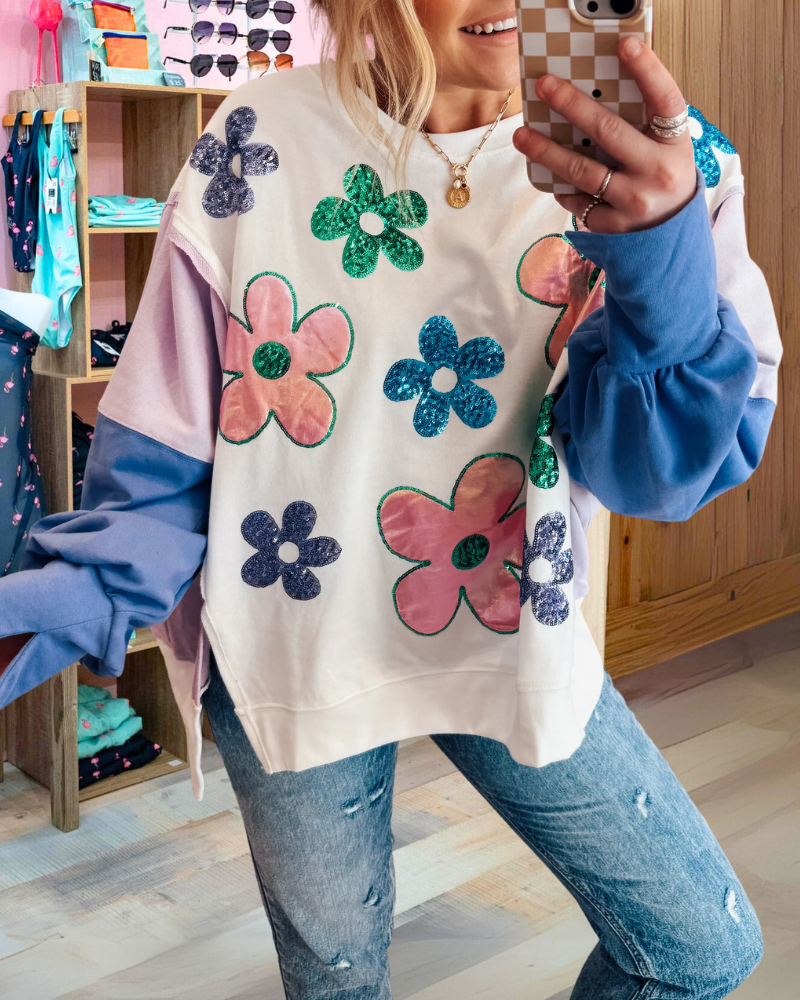 Floral Sequin Colorblock Sweatshirt