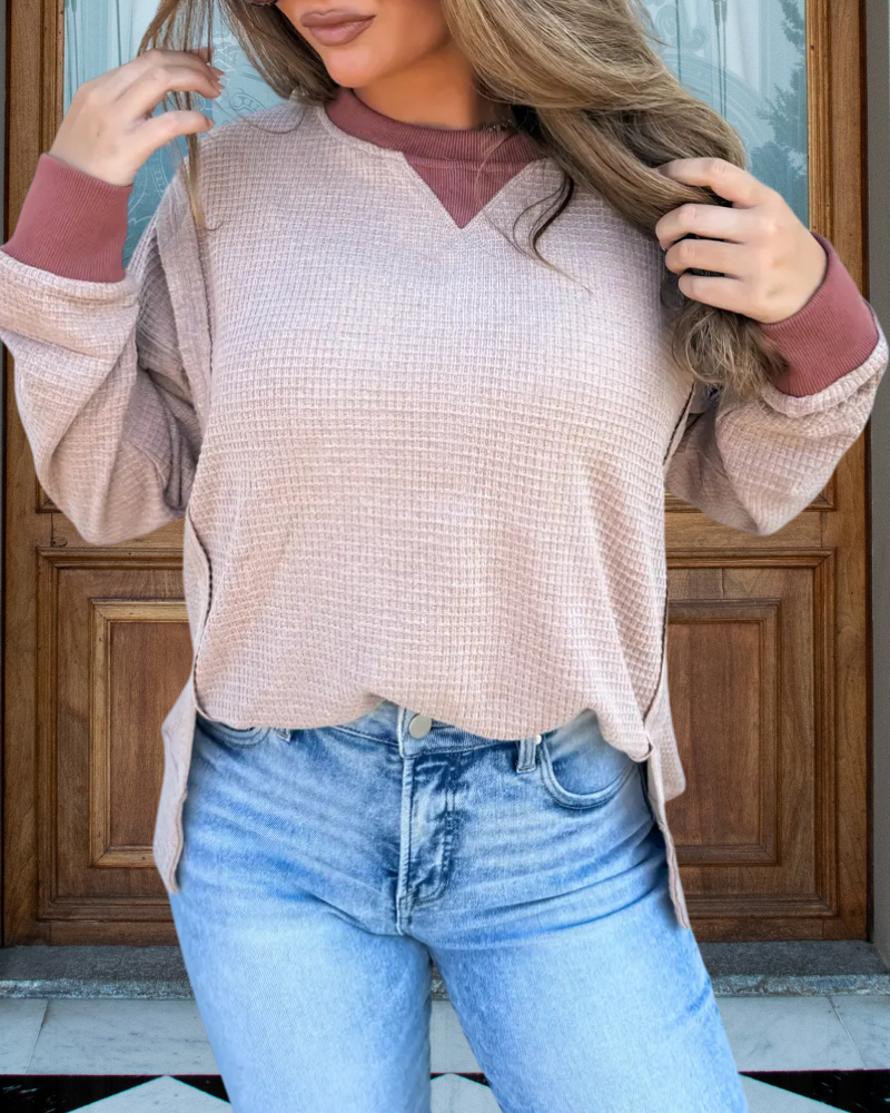 Waffle Contrast Trim Pullover