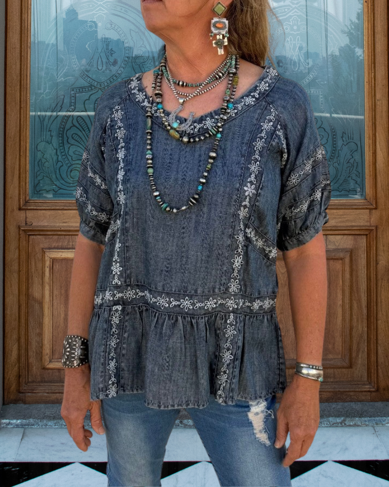 Chic Floral Embroidered Denim Top