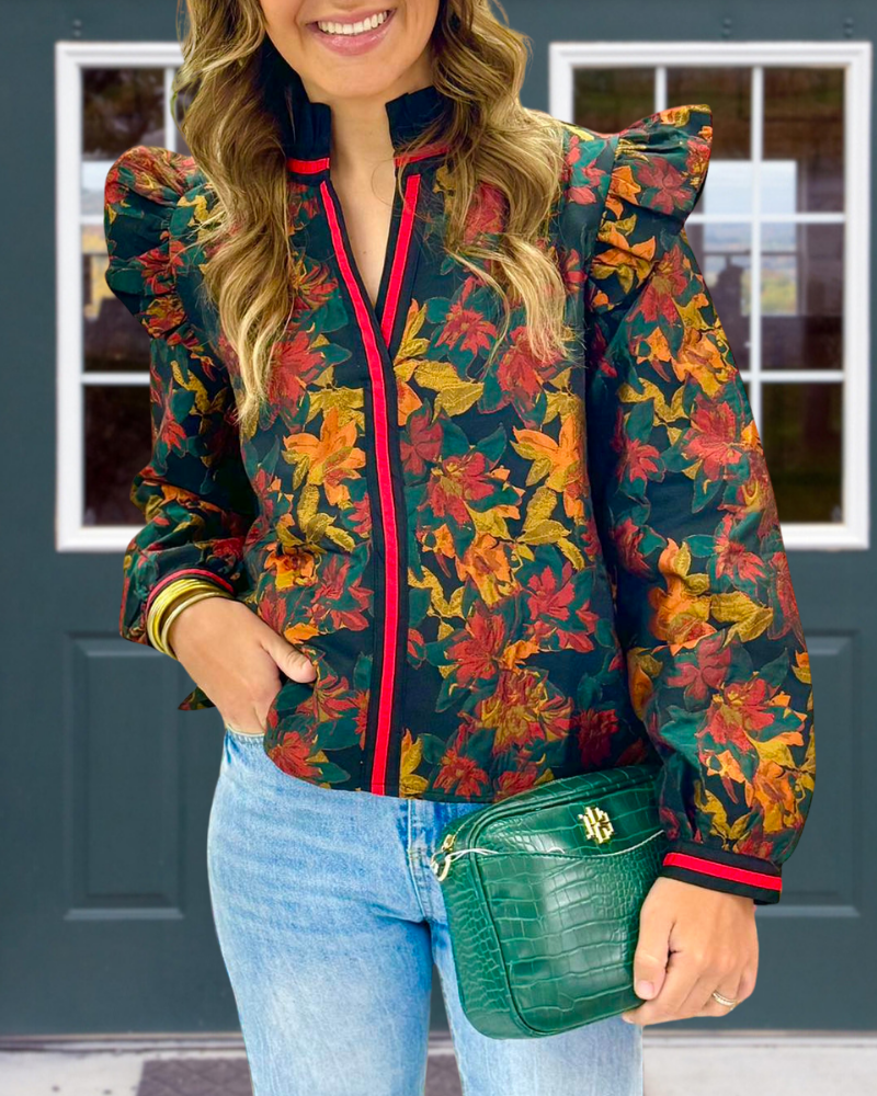 Retro Floral Satin V-Neck Top