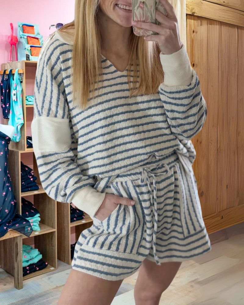 Casual Striped Pullover Shorts Set