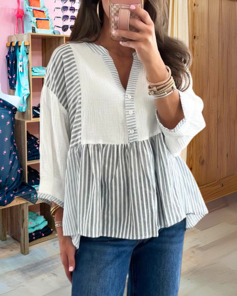 Striped Half-Button Open Collar Top