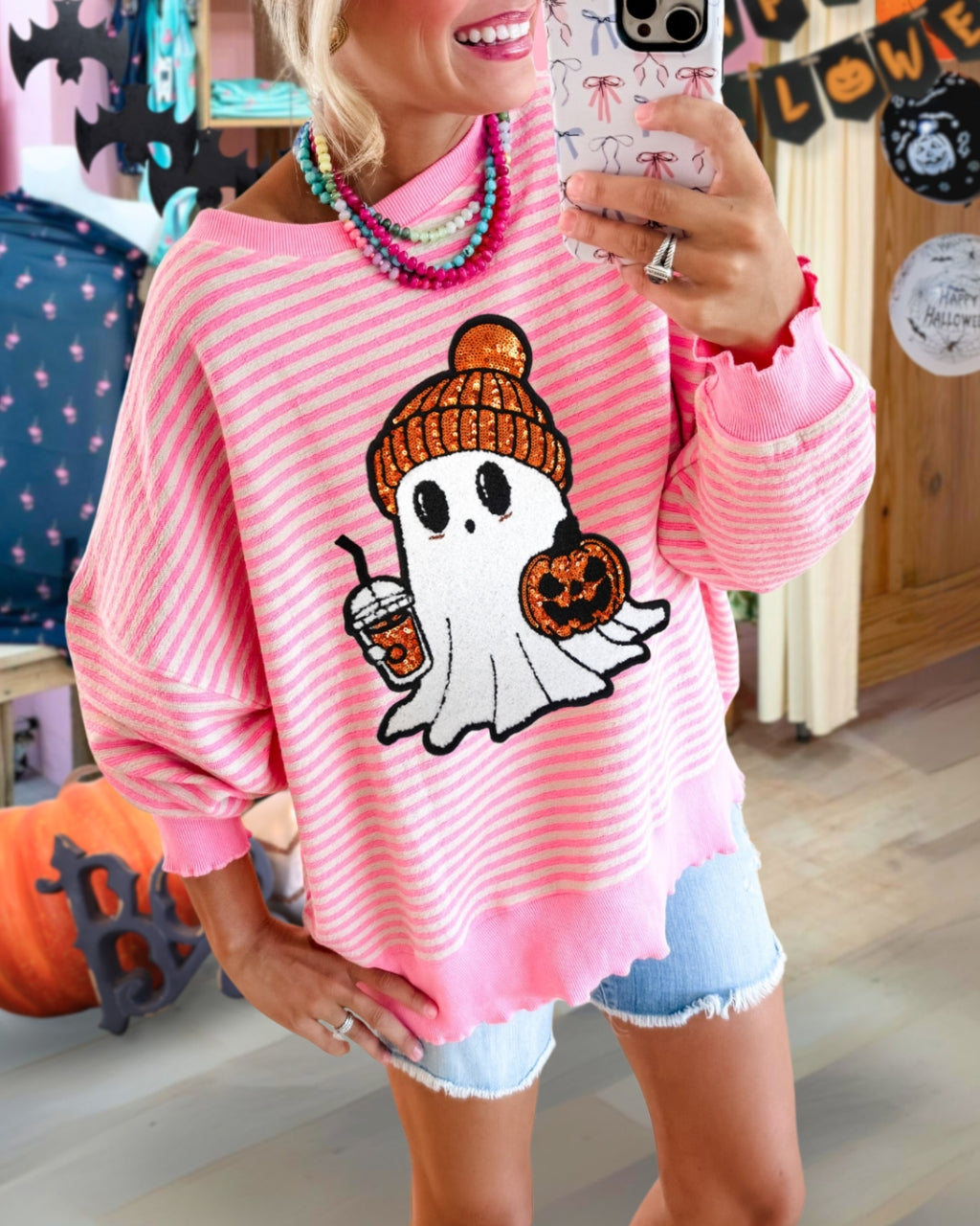 Cute Ghost Latte Sequin Striped Pullover