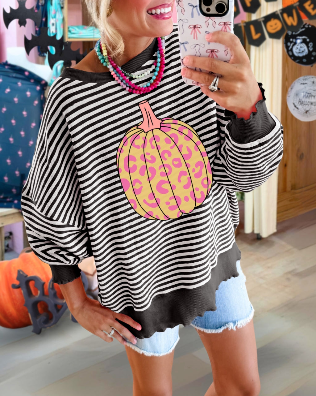 Fun Leopard Pumpkin Stripe Pullover