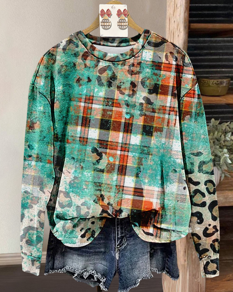 Leopard Plaid Crewneck Sweatshirt