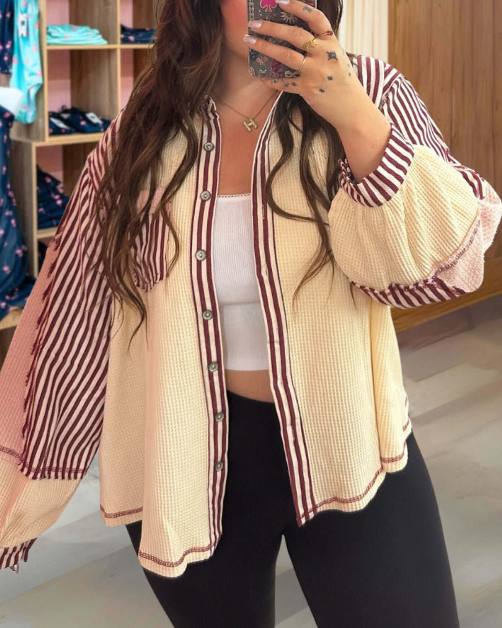 Stripe Waffle Patchwork Shirt
