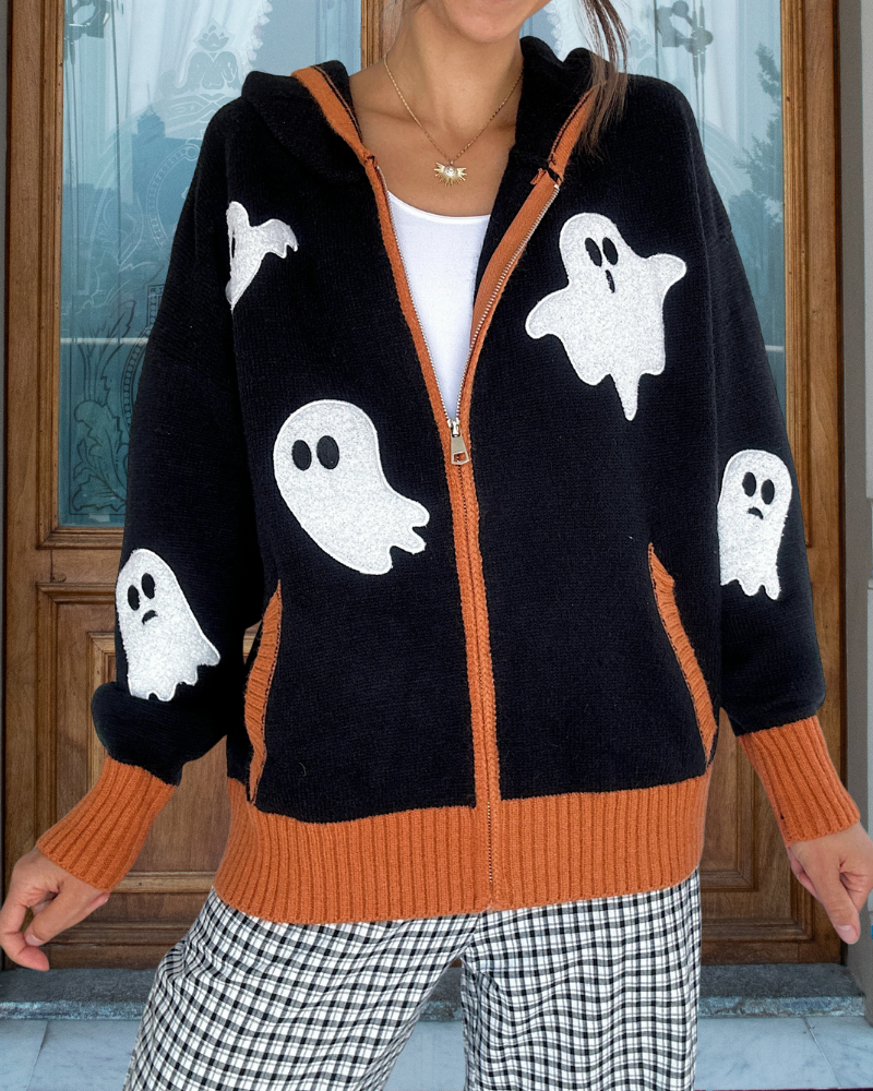 Trendy Ghost Patterned Zip Hoodie