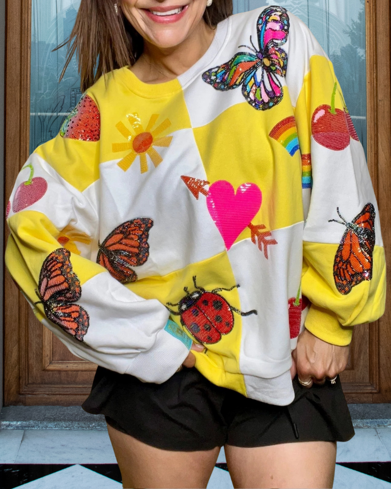 Butterfly Sequined Plaid Sweatshirt