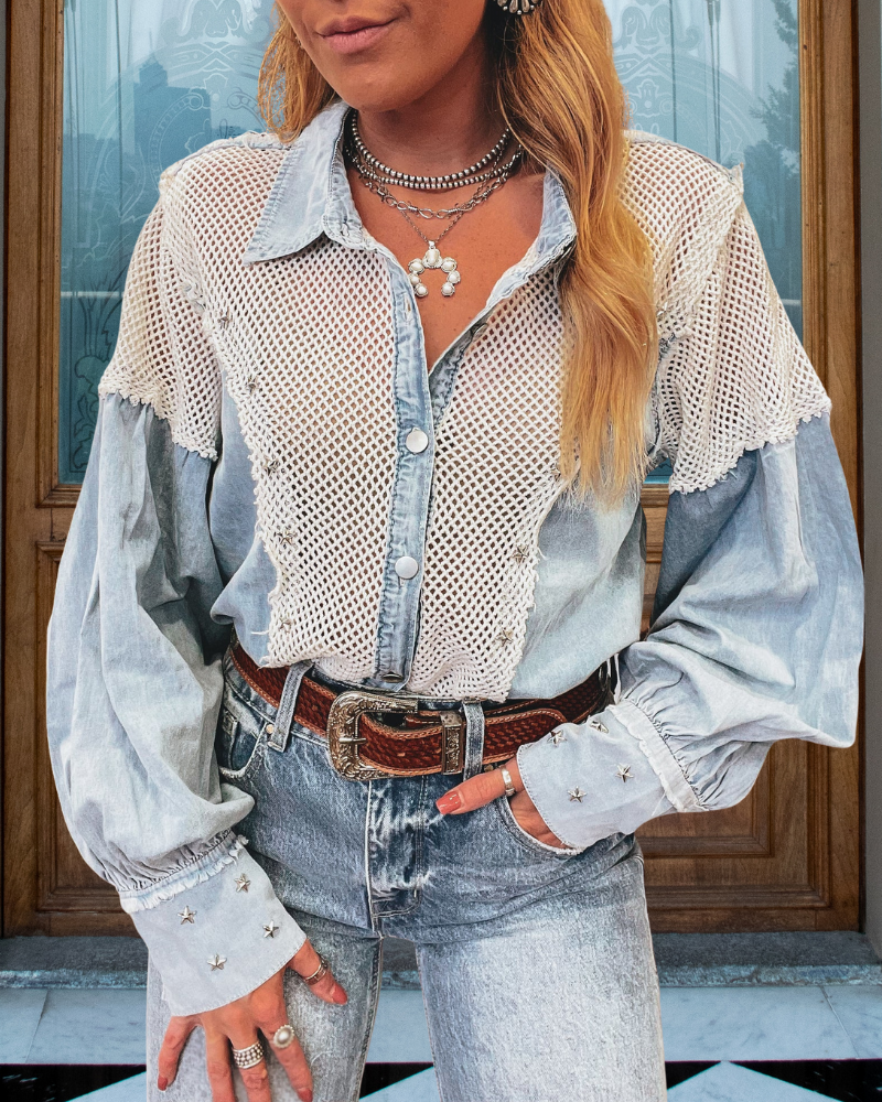 Rhinestone Grid Patchwork Shirt