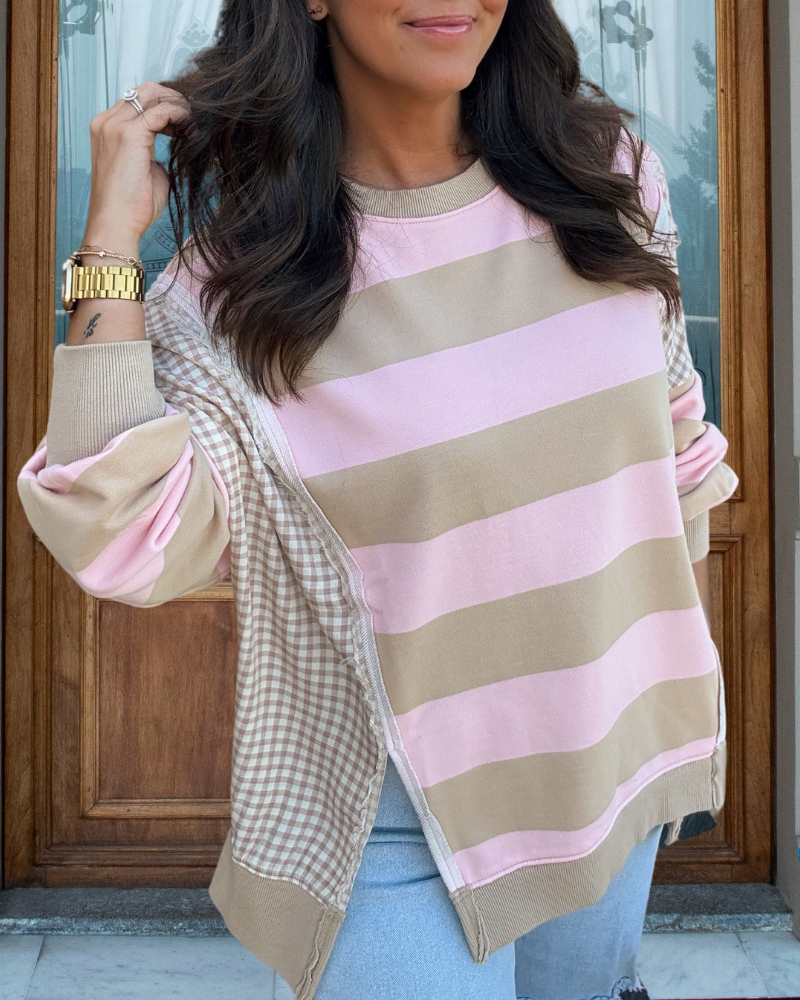 Trendy Patchwork Striped Checkered Sweatshirt