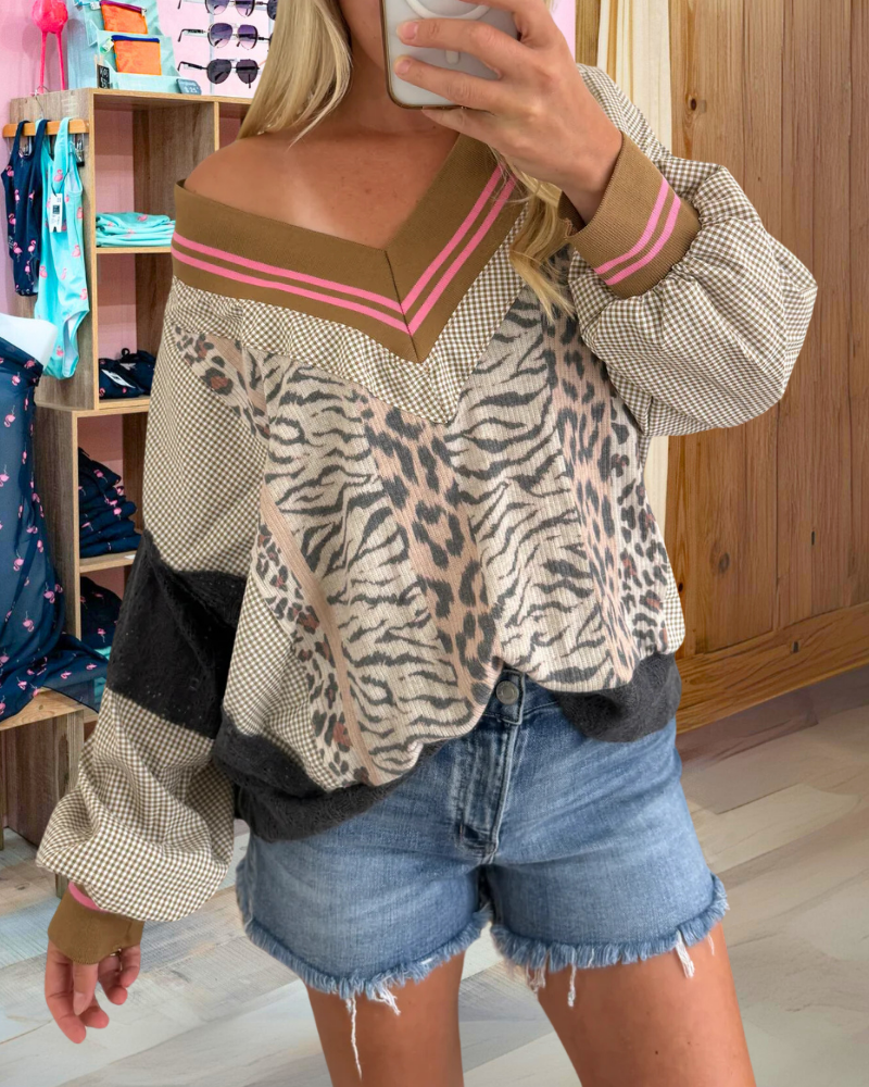 Leopard Check Patchwork Pullover