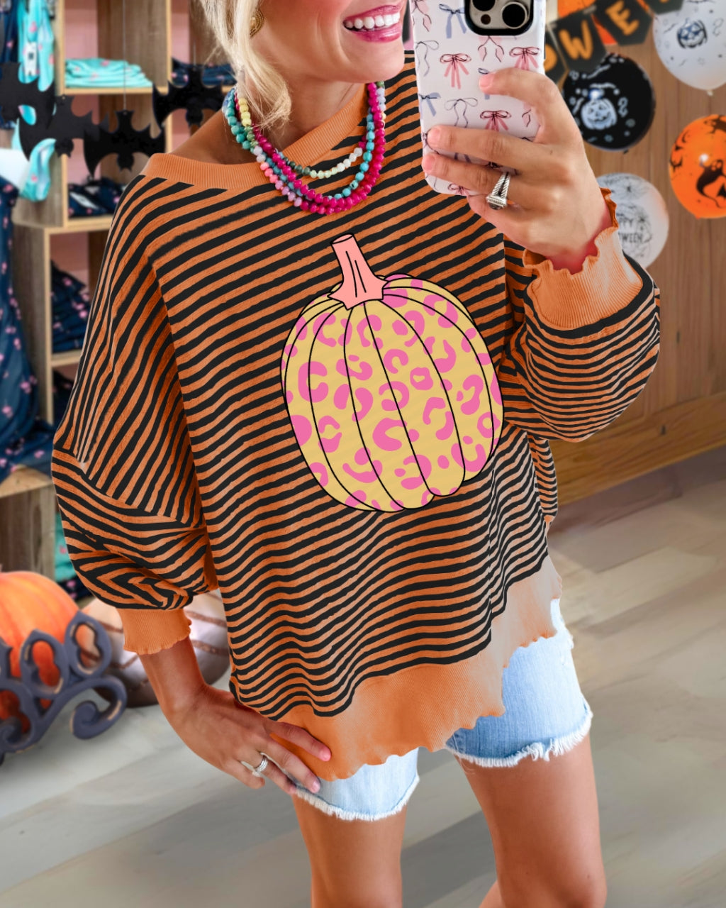 Fun Leopard Pumpkin Stripe Pullover