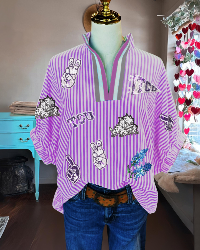 TCU Striped Sequined V-neck Top