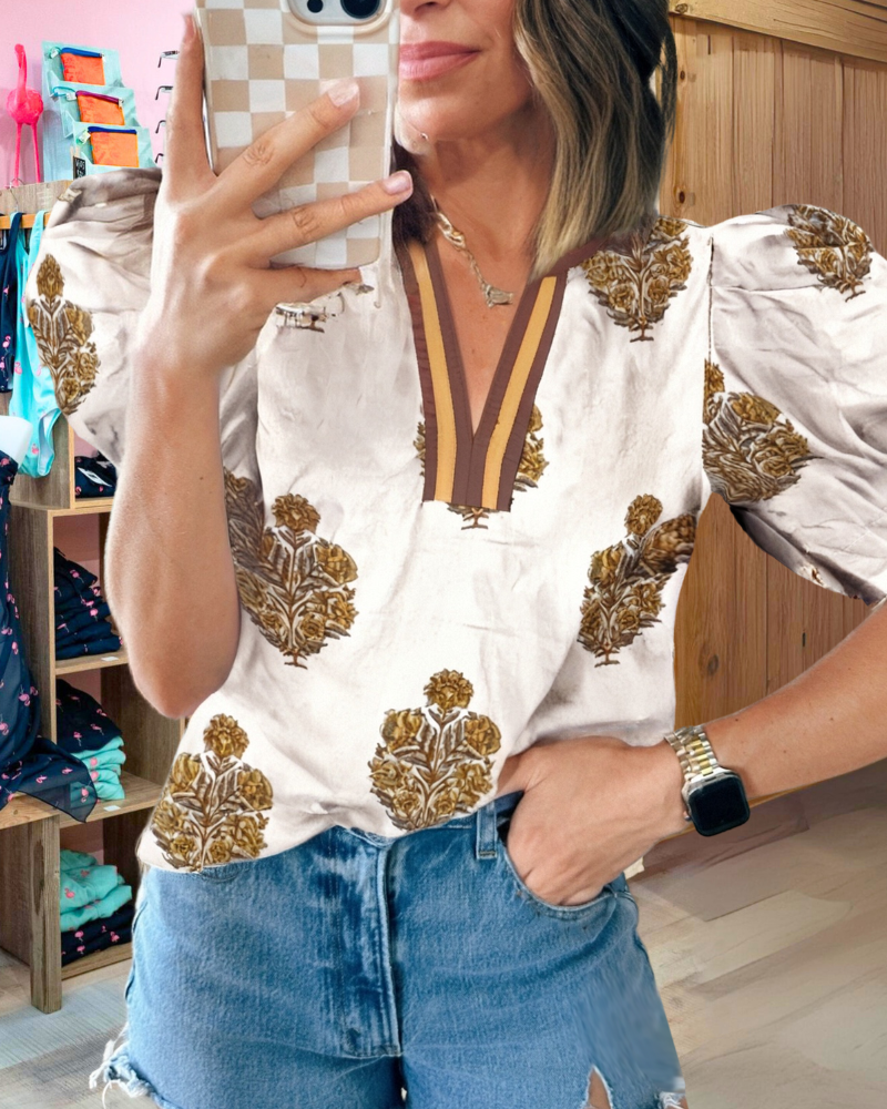 Bouquet Stripe Trim  Satin Top