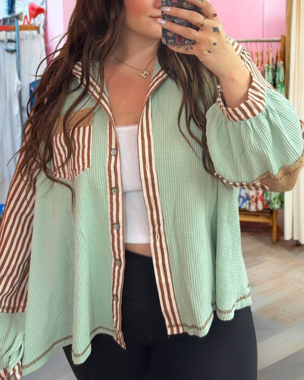 Stripe Waffle Patchwork Shirt