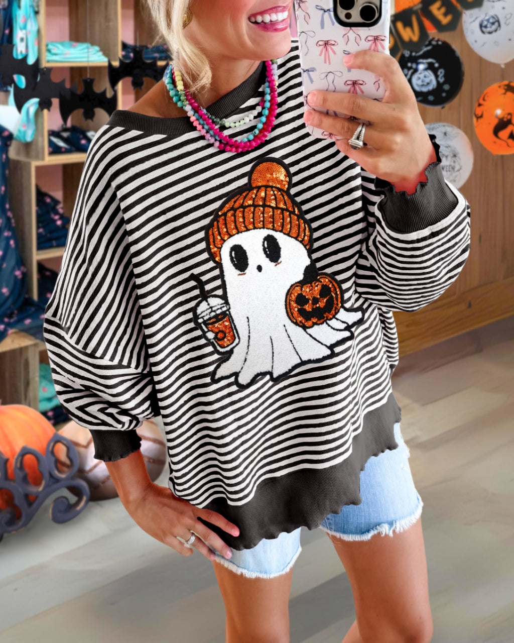 Cute Ghost Latte Sequin Striped Pullover