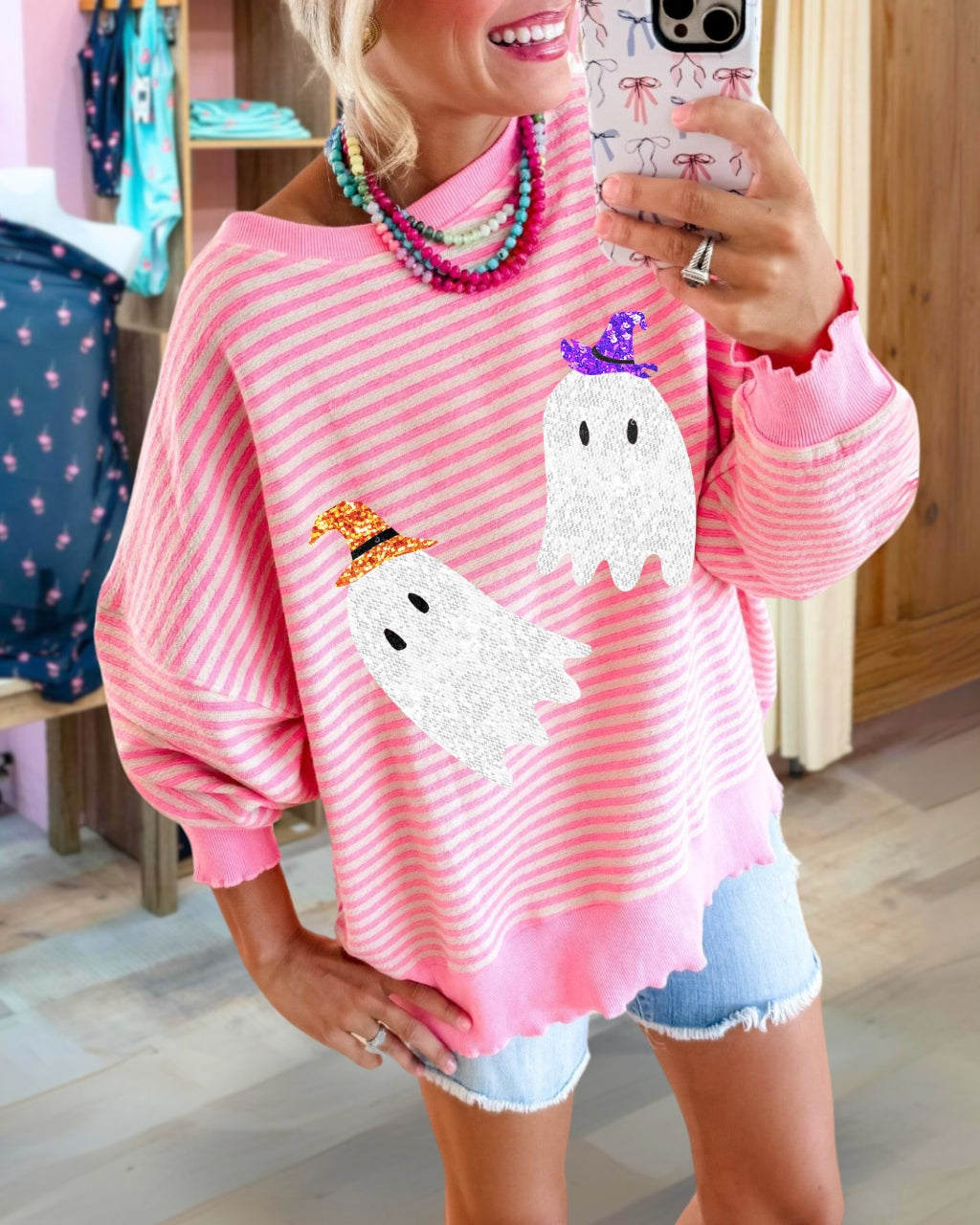 Sequin Ghost Striped Pullover