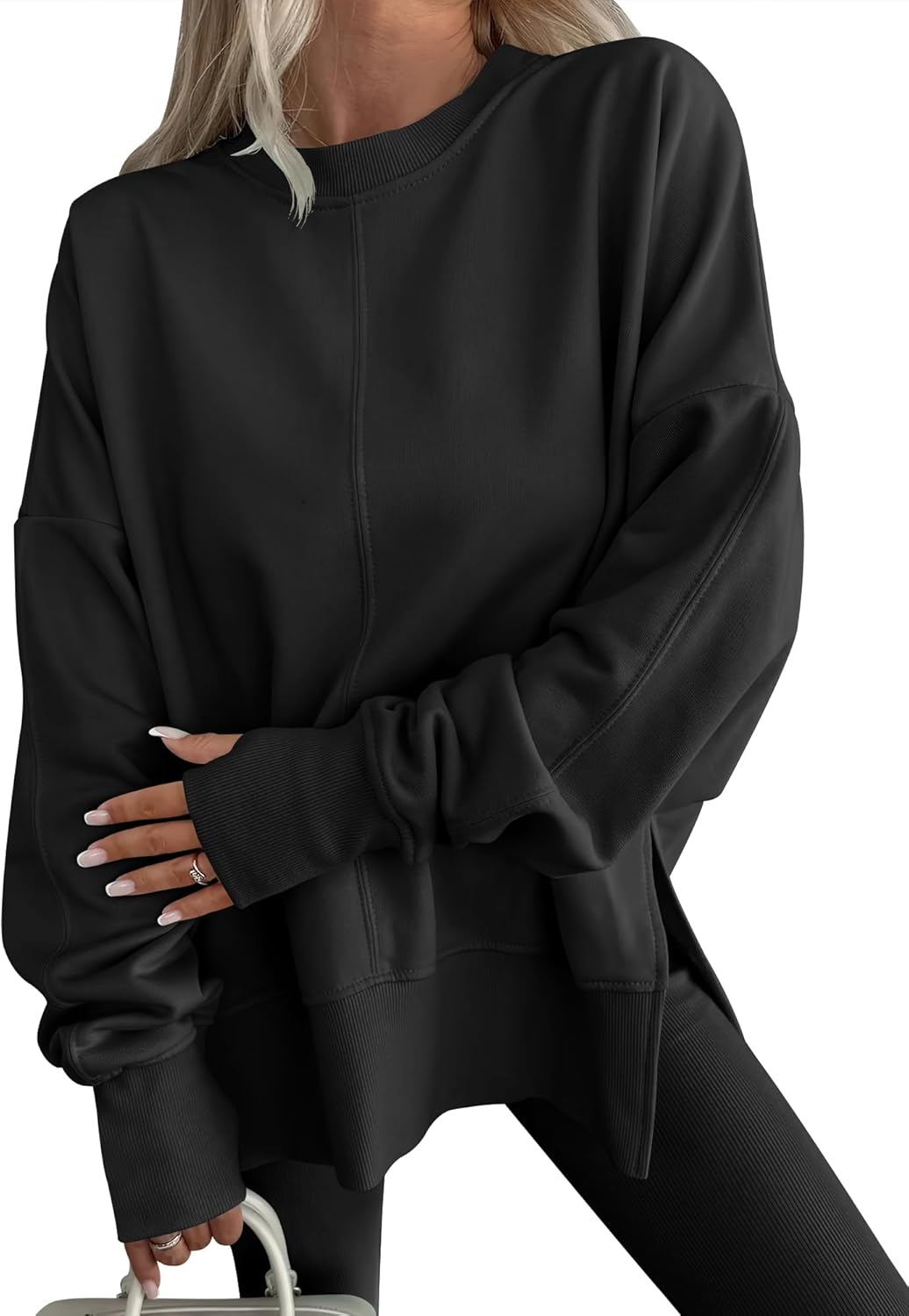 Womens Oversized Thumbhole Long Sleeve Side Slit Pullover Top