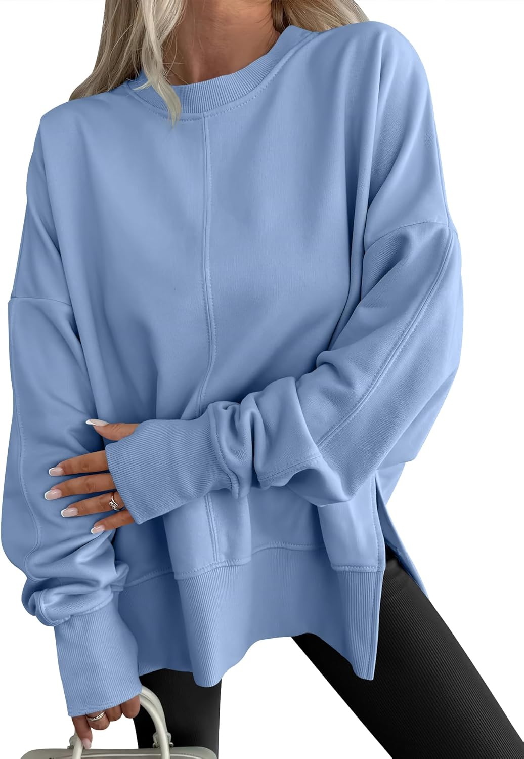 Womens Oversized Thumbhole Long Sleeve Side Slit Pullover Top