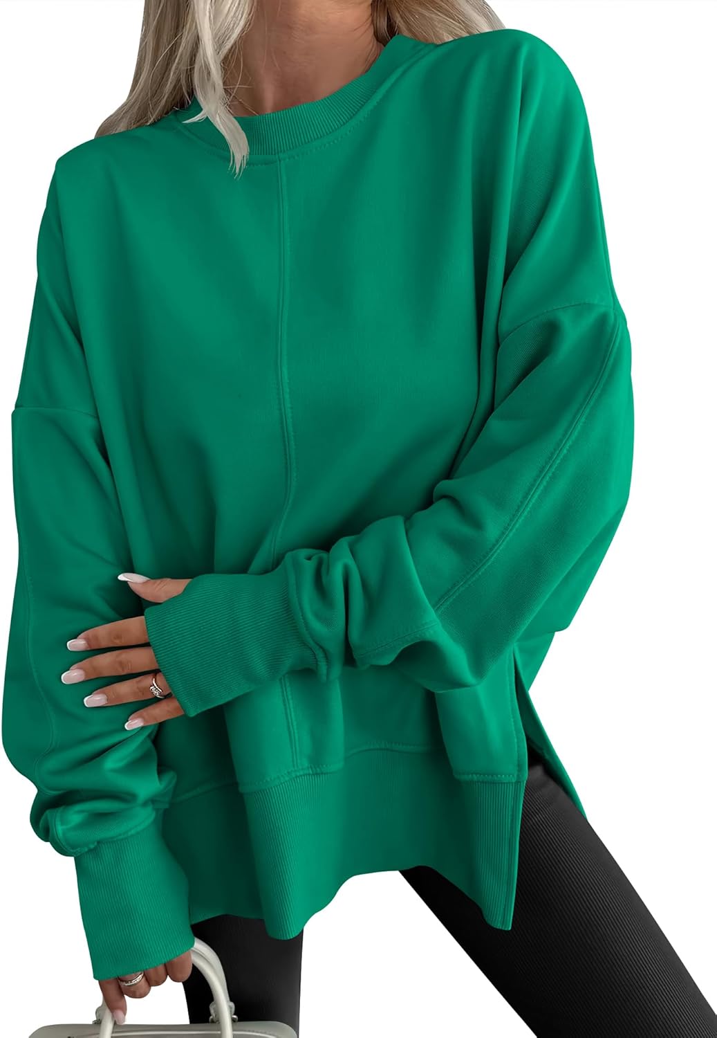Womens Oversized Thumbhole Long Sleeve Side Slit Pullover Top