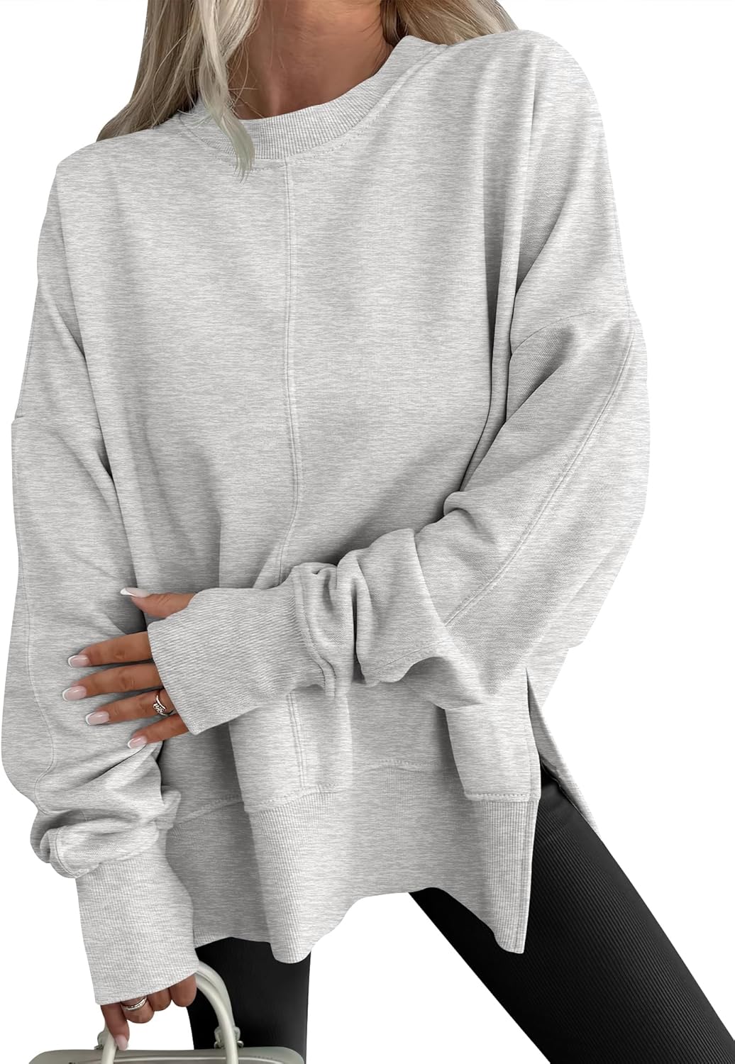 Womens Oversized Thumbhole Long Sleeve Side Slit Pullover Top