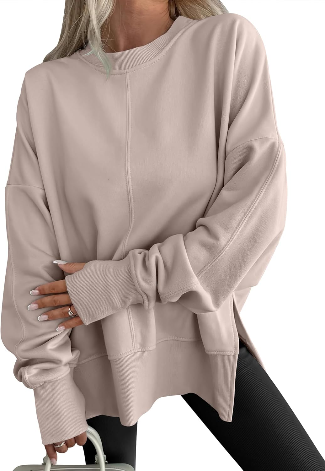 Womens Oversized Thumbhole Long Sleeve Side Slit Pullover Top