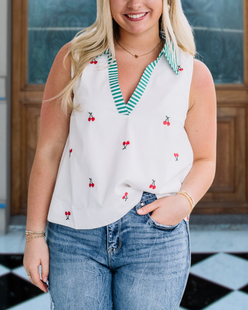 A Cutie Cherry Embroidery Top