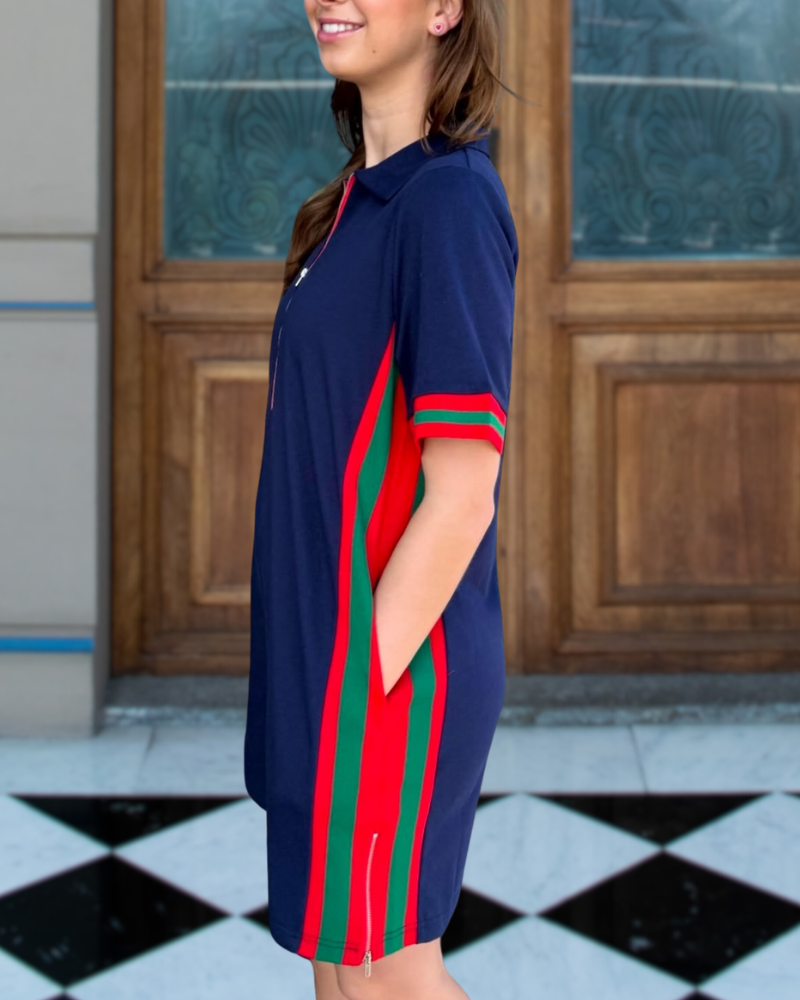 Half-Zip Striped Trim Dress