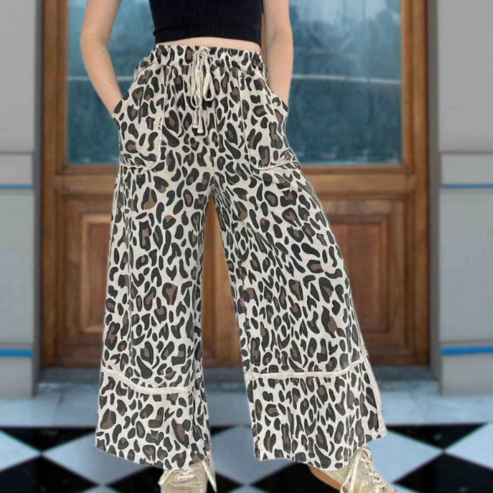 Leopard Print Terry Wide Leg Pants