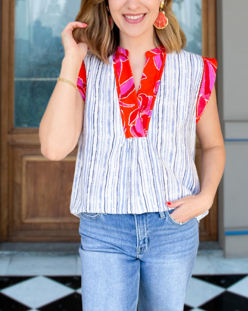 Trendy Striped Trim Print Tank